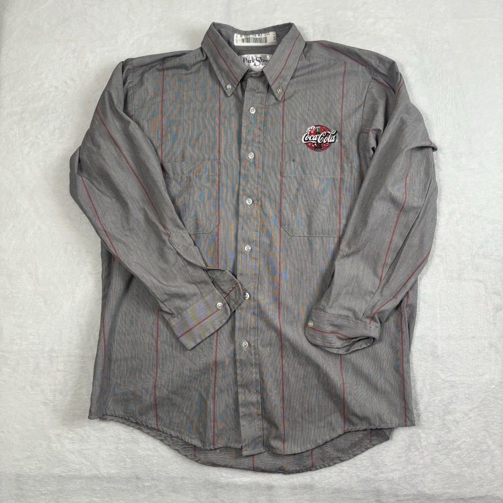 VTG Coca-Cola Striped LS Button Up Collared Grey Shirt Employee Men's 16.5